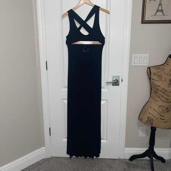 SITA Black Criss Cross Backless Maxi Dress Modal Spandex Tie Accent Medium - Picture 6 of 11